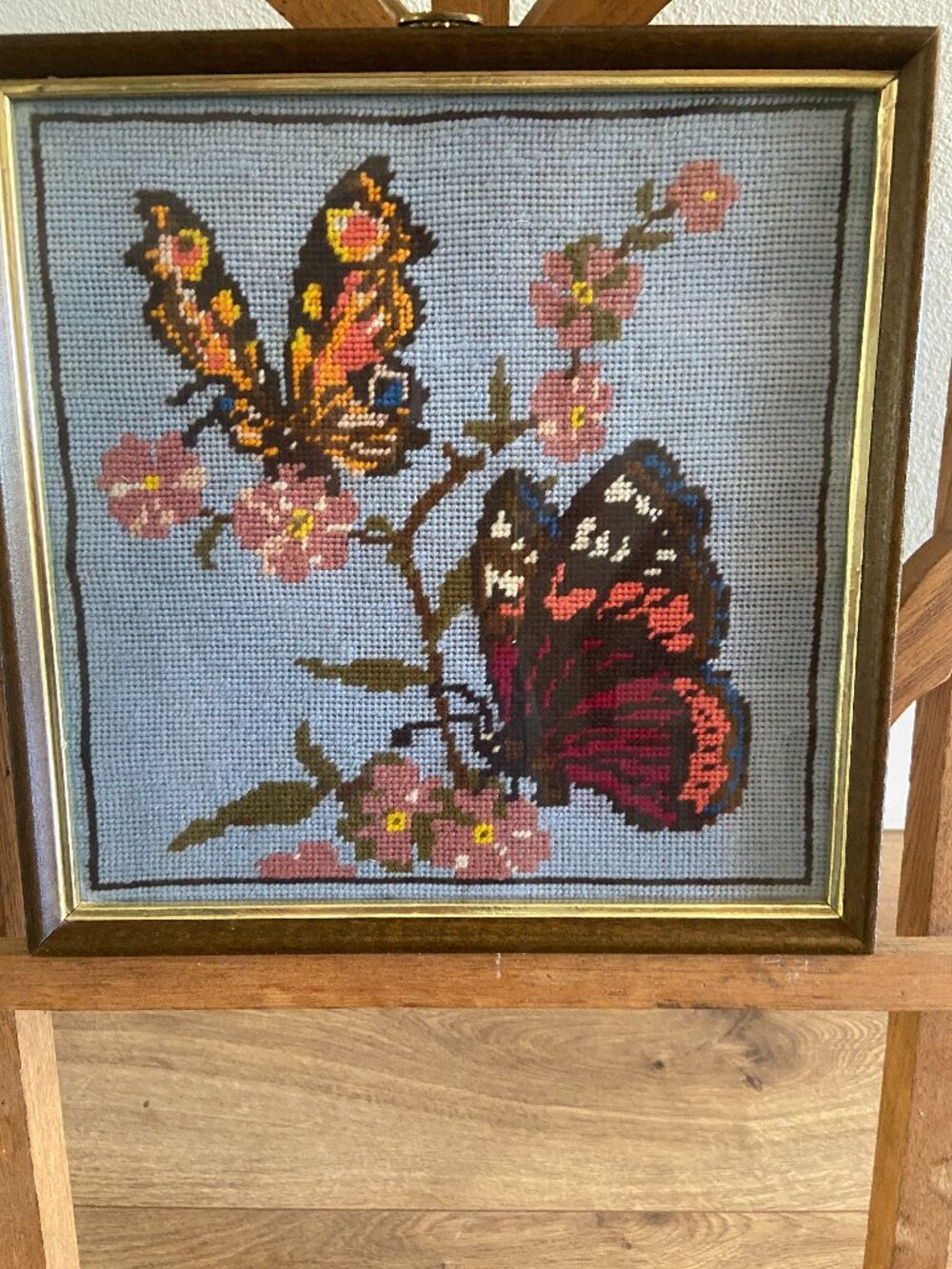 Vintage Needlepoint Butterfly Wall Art Framed Floral Cross Stitch